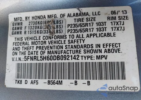 2013 Honda Odyssey Ex-L z USA, uszkodzony, nr VIN 5FNRL5H60DB092142